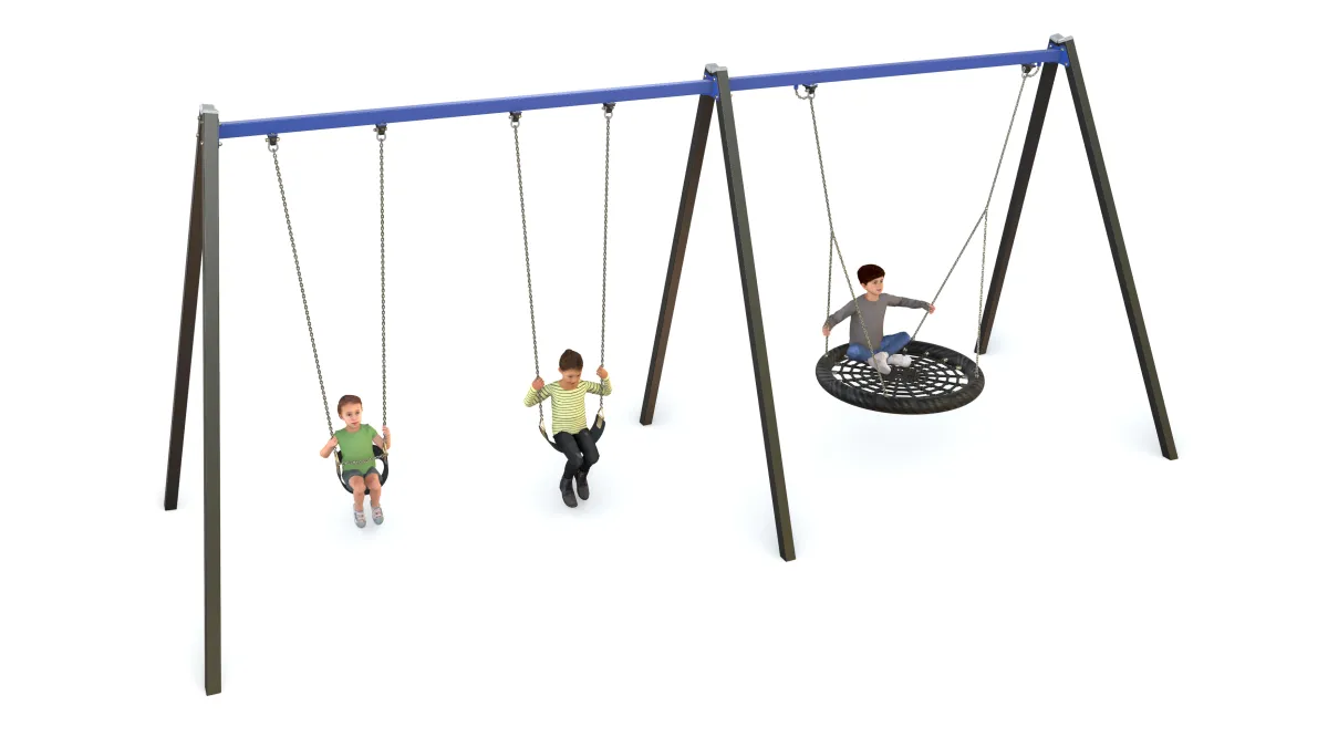 a 3d illustration of a swing set with 3 swings. 2 are traditional swing seats and 1 has a seat shaped like a large round disk. 