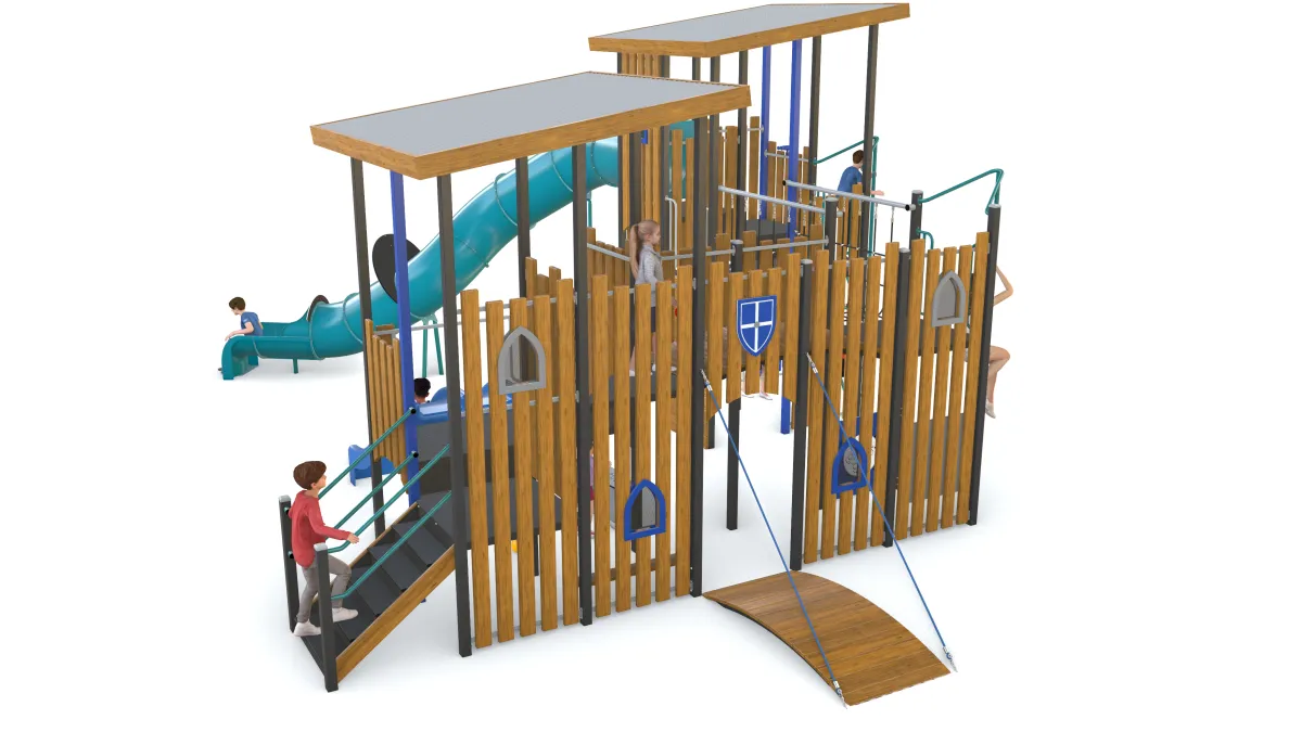 A 3d illustration of a castle themed playground. It is primarily made of wood, and has a slide and a fake drawbridge entrance
