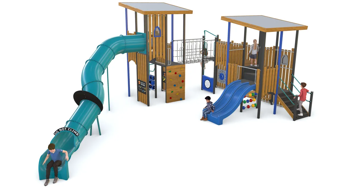 a 3d illustration of a wooden playground. It was 2 slides, a ramp, and a bridge