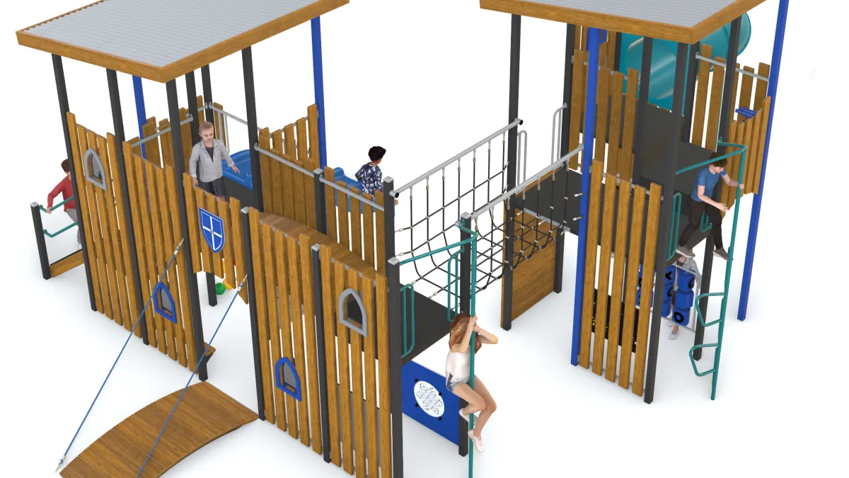 A 3d illustration of a wooden playground. It has a fake drawbridge, 2 undercover platforms and a bridge. 