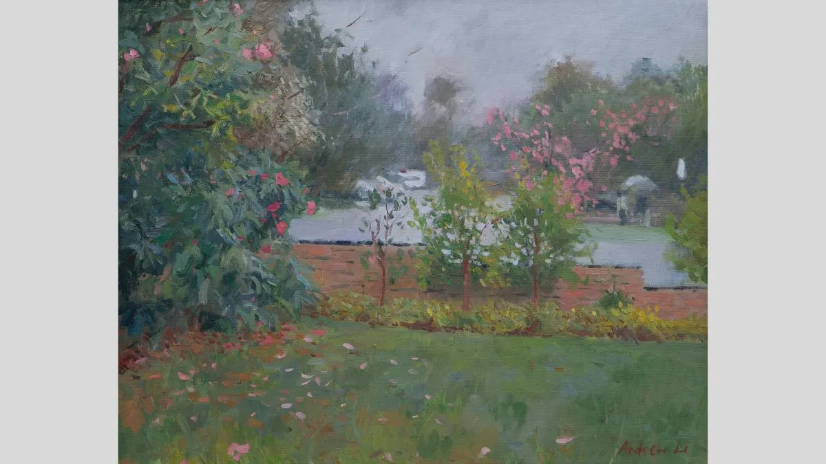 Painting of a view with a big tree on the left with pink flowers. Branches sit in the middle with pink flowers. A short brick wall sits behind the trees. There are blurry green patches, some figures and cars in the distance. 