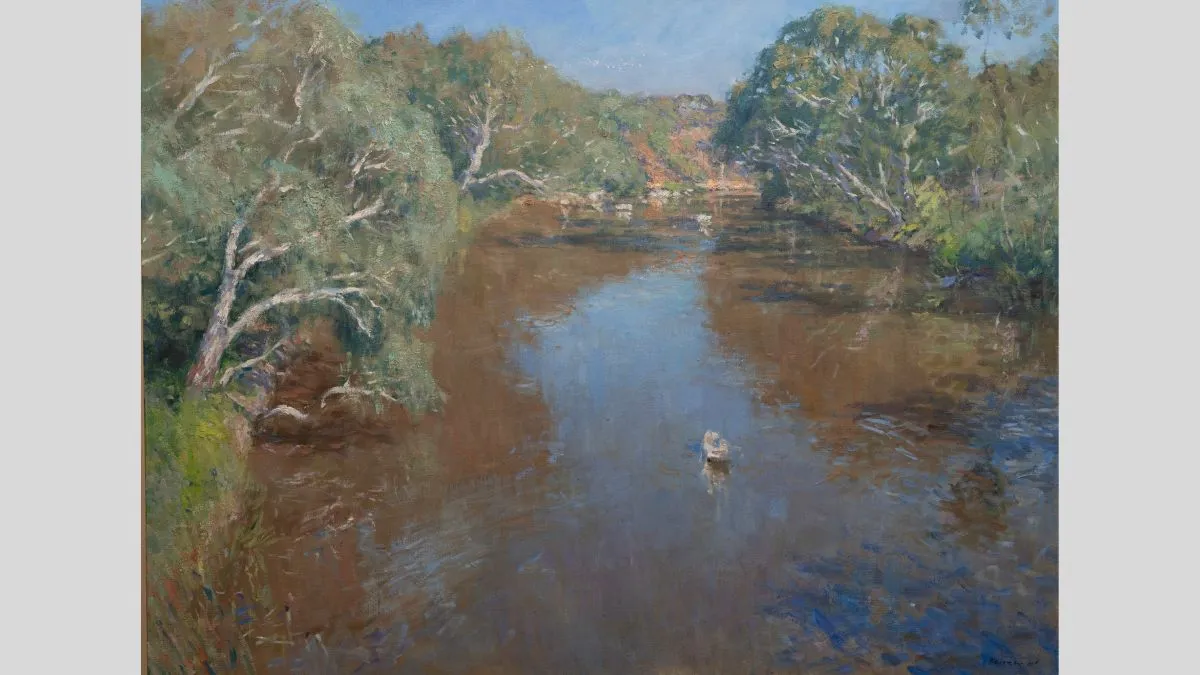 Painting of a river disappearing into the distance, with muddy brown water and reflections of the blue sky. Along the river are trees and bushes. A white duck sits in the middle.