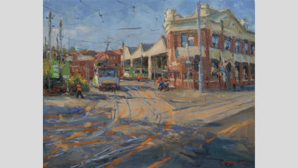 Painting of a building at an intersection with tram lines, yellow traffic markings and a tram. A group of figures in orange hi-vis vests are seen around the intersection.