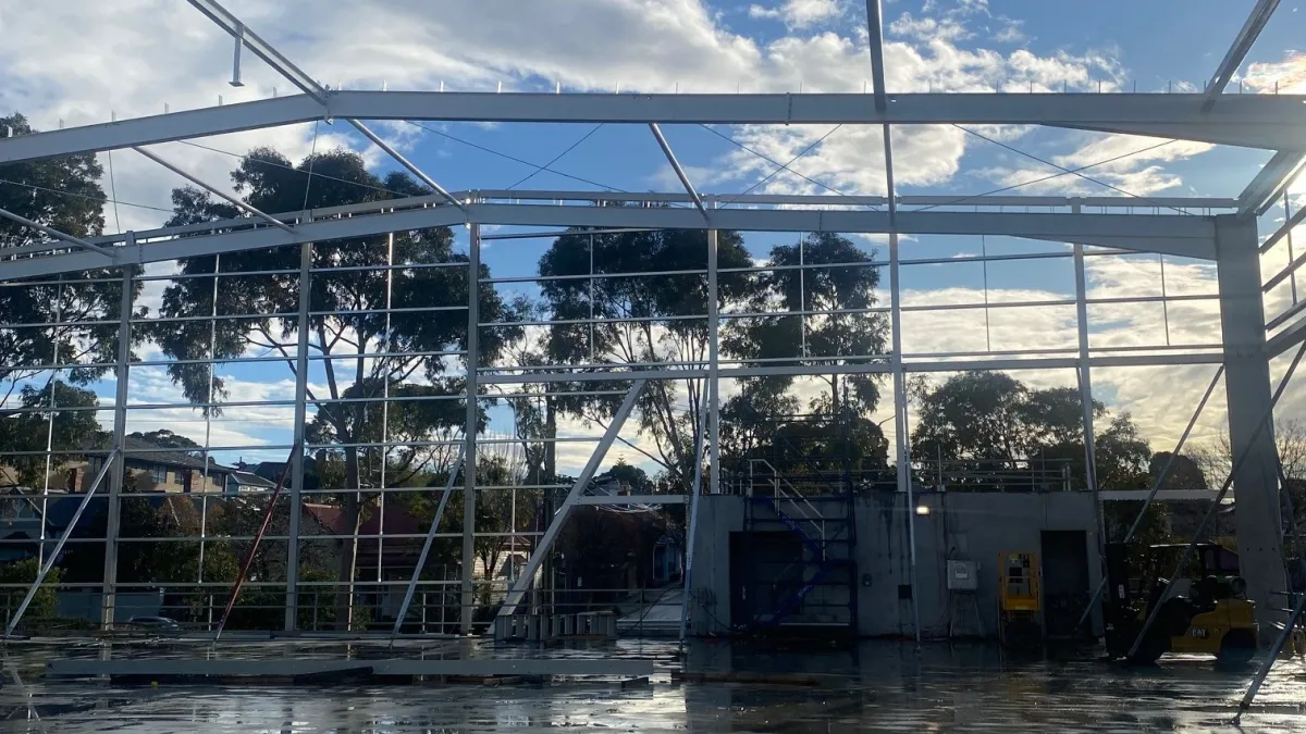 A skeleton steel structure at a building site