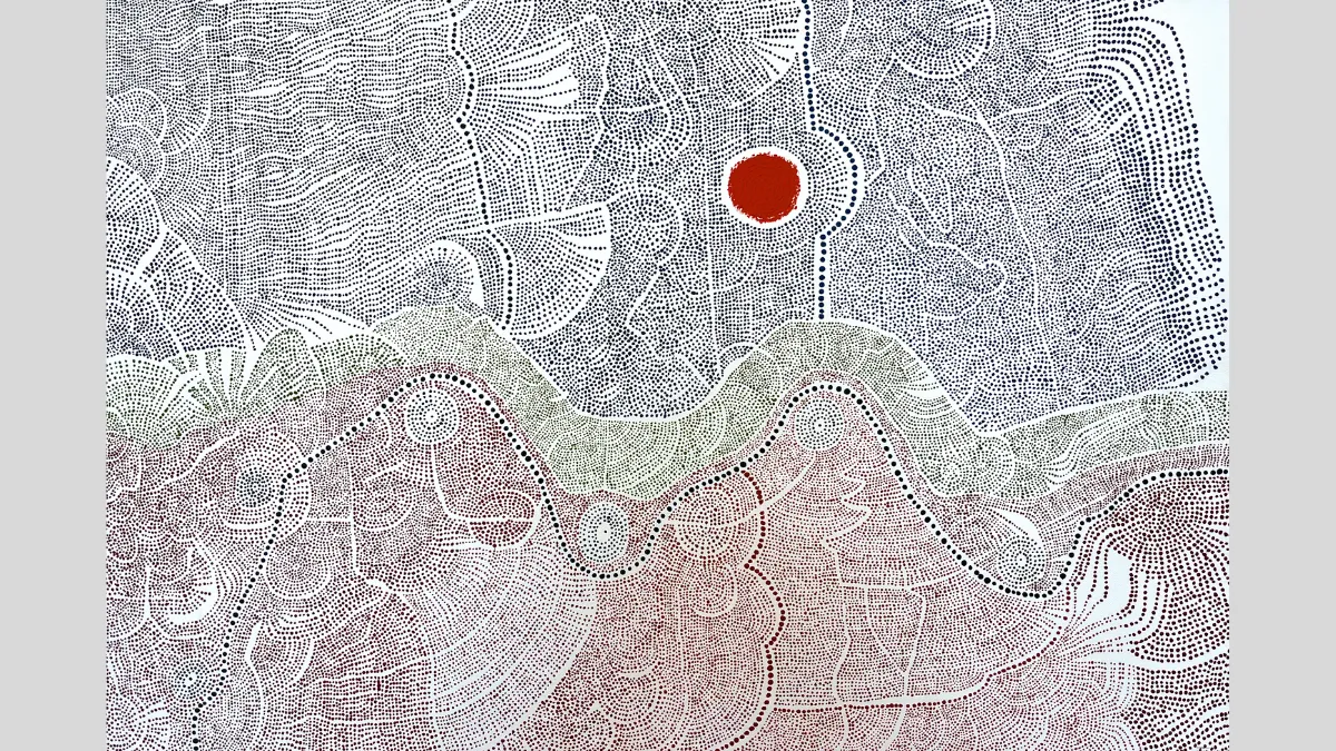 Painting of landscape arranged in dots of blue, red, and green on a white background. A solid red circle is at the top centre. 