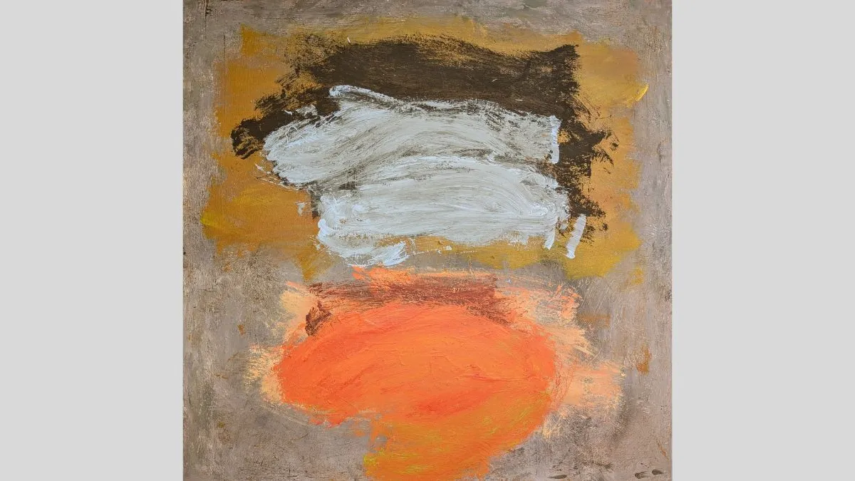Image of an abstract painting with broad textured brushstrokes on an earthy brown background. The painting has a bright orange, circular form at the bottom and layers of horizontal white, brown and ochre horizontal brushstrokes. 