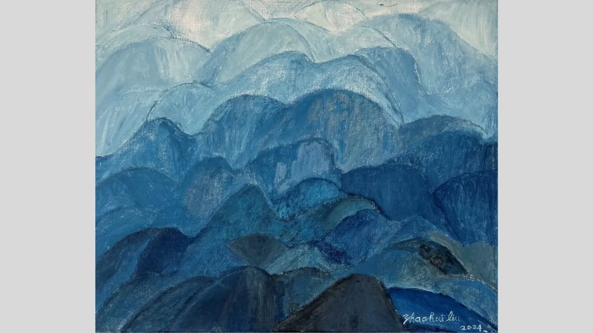 Image of an abstract painting featuring layers of mountain shapes in different shades of blue. The mountains in the background are light blue and as the mountains layer the shades of blue get darker, gradually reaching navy blue in the foreground.  