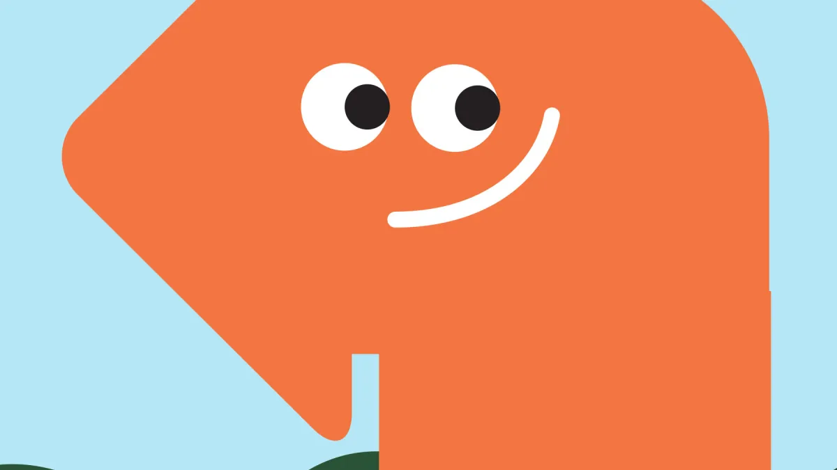 A smiling orange arrow pointing left