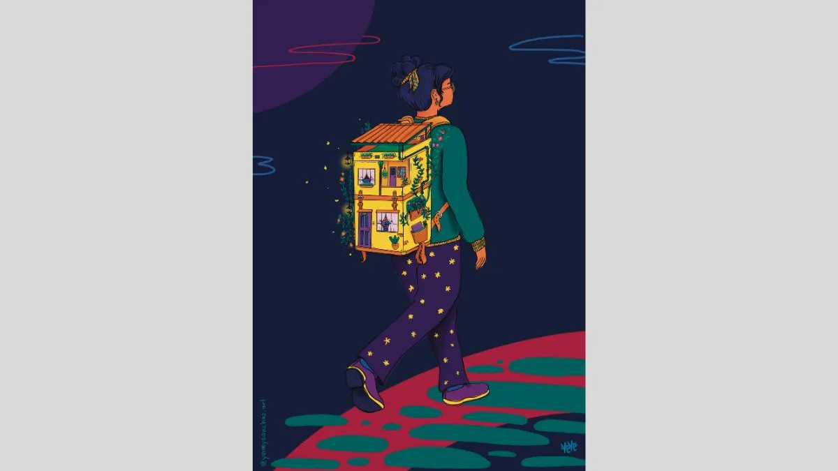 Digital illustration showing a person walking at night, their back facing the viewer. The person is wearing a dark green jumper and dark blue pants with gold stars on them. The person is wearing a yellow two-storey house covered with green vines as a backpack. The background is dark blue with red and teal shapes arranged as a footpath.  