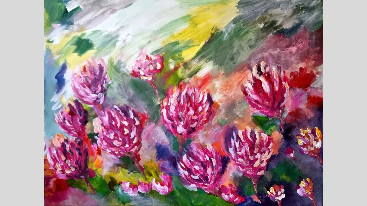 Digital illustration showing a person walking at night, their back facing the viewer. The person is wearing a dark green jumper and dark blue pants with gold stars on them. The person is wearing a yellow two-storey house covered with green vines as a backpack. The background is dark blue with red and teal shapes arranged as a footpath.  