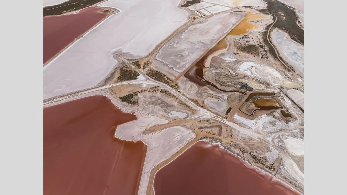 An aerial photograph o fa landscape with salt flats and bodies of water. The terrain is divided into sections with reddish-brown, white and pale pink colours. There are roads or pathways crossing the area and patches of dark green vegetation. 