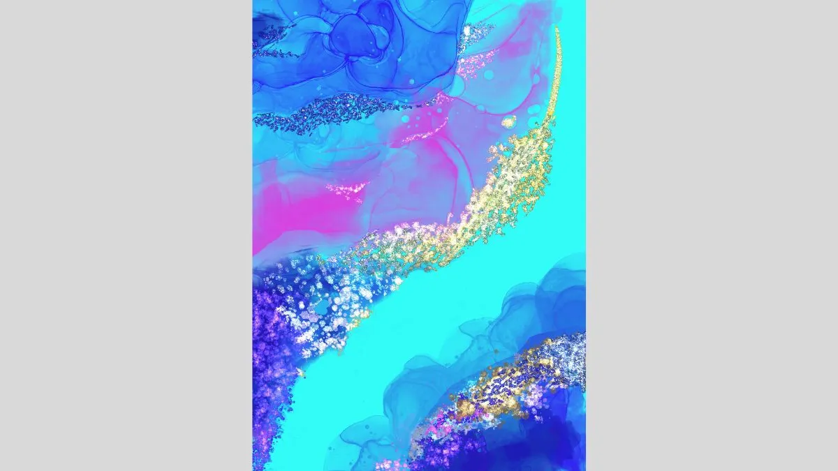 Image of an abstract painting featuring fluid shapes shapes in multiple shades of blue, purple, pinks and turquoise. Gold and white speckles run through the composition and the texture is smooth, resembling water.