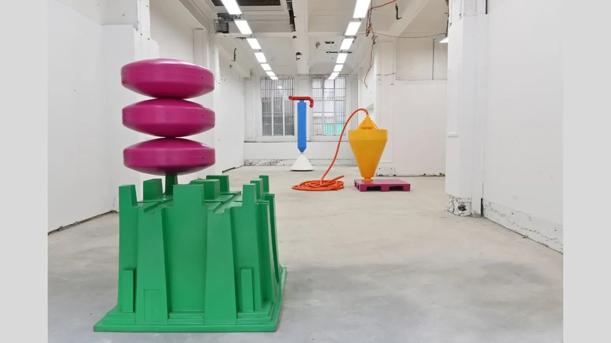 2.	Three large, brightly coloured sculptures made from assembled plastic shapes