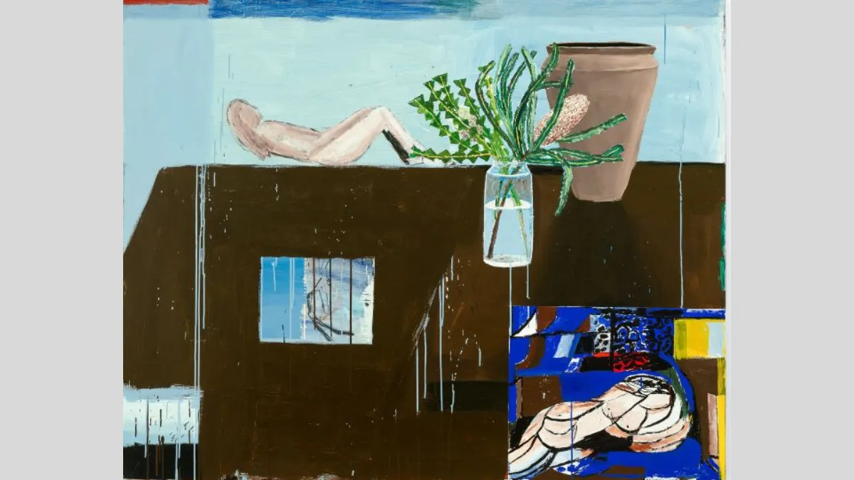 5.	Painting of a female figure reclining, and a flowering banksia in a vase