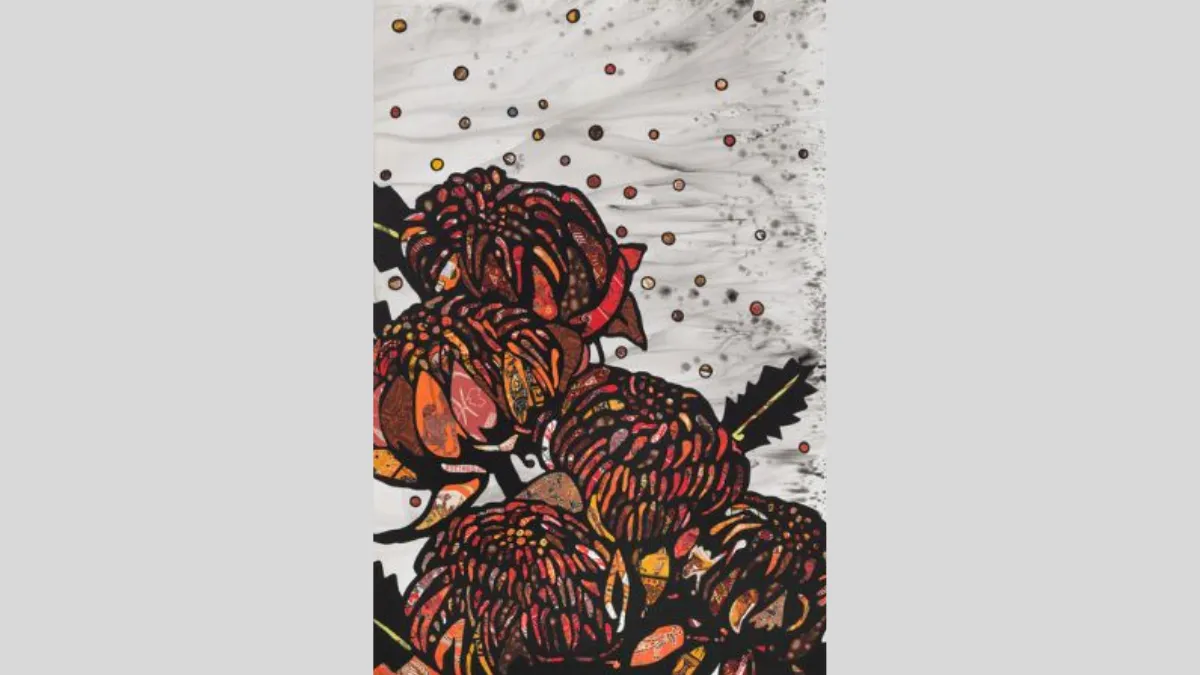3.	Australian Indigenous imagery made from acrylic and vintage appropriate fabric in the shapes of flowering Proteas