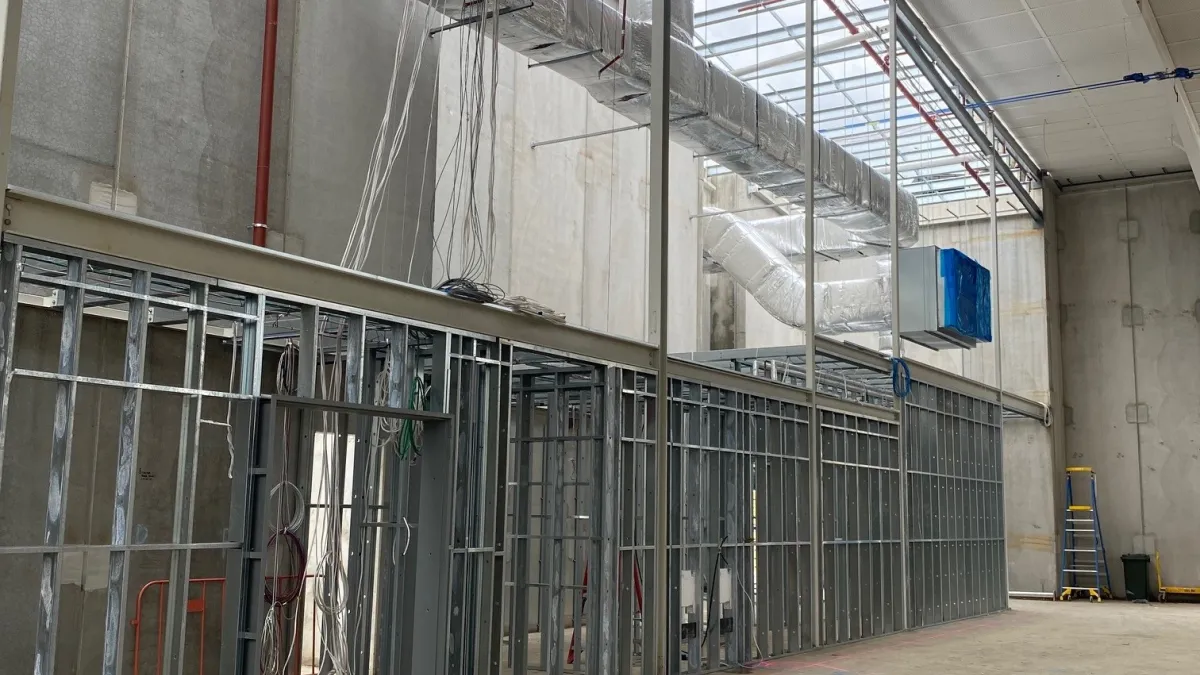 A building with exposed steel frames