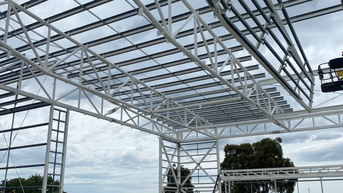 A building with exposed steel frames