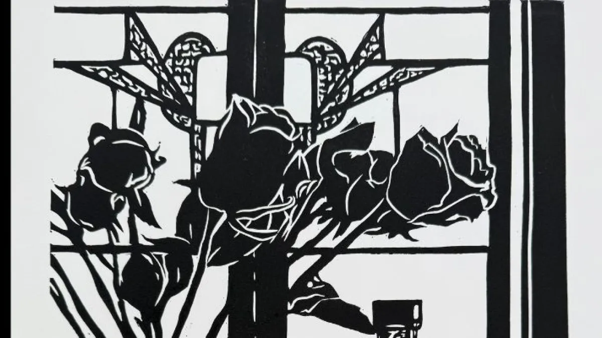 A black-and-white print depicting a still life on a windowsill with a vase of roses on the left, a bottle at the centre, and two drinking glasses on the right. The window frame and decorative panes visible behind the objects.