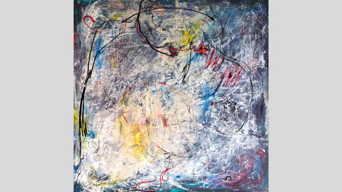 Abstract mixed-media painting with layered blue-grey and white textures, energetic black gestural lines, and scattered accents of red, yellow, and turquoise creating a sense of movement and depth across the canvas.
