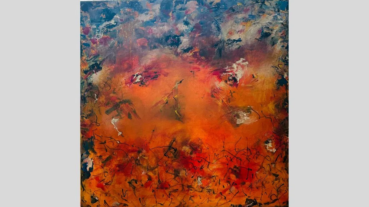 Abstract painting dominated by warm orange and rust tones layered with expressive brushstrokes, black scribbled marks, and scattered highlights of white, pink, and deep blue, suggesting heat, movement, and emotional intensity.