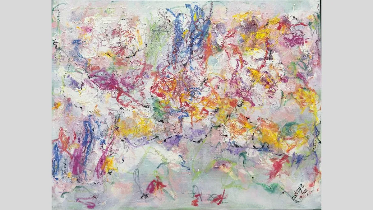 Abstract painting filled with bright yellows, blues, greens, pinks, and whites, layered with energetic brushstrokes and oil stick drawing that create a dense, lively surface suggestive of flowers, light, and movement.