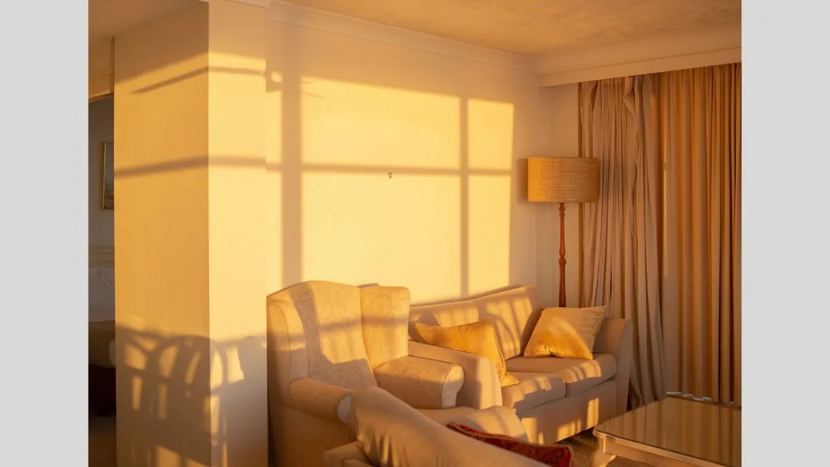 A sunlit living room including comfy chairs, a lamp, curtains and a hook on the wall that is missing an artwork. 