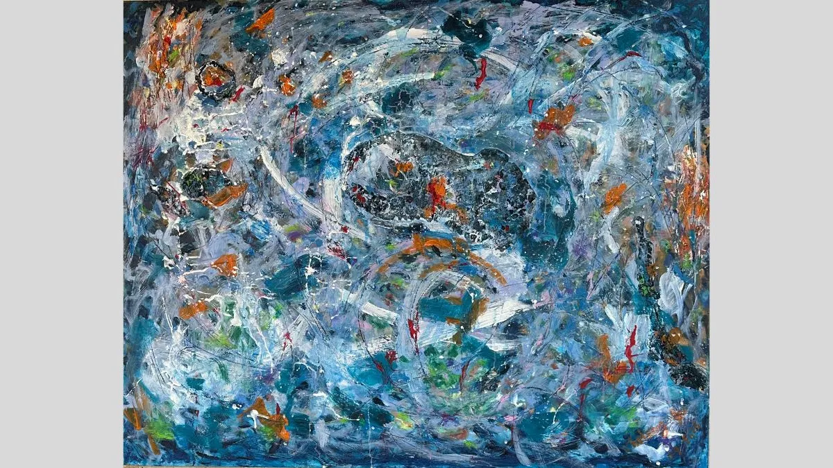 Abstract painting dominated by layered blues and greys, with swirling white brushstrokes, textured patches, and scattered accents of rust orange, green, and red, evoking movement, depth, and a turbulent, watery atmosphere.