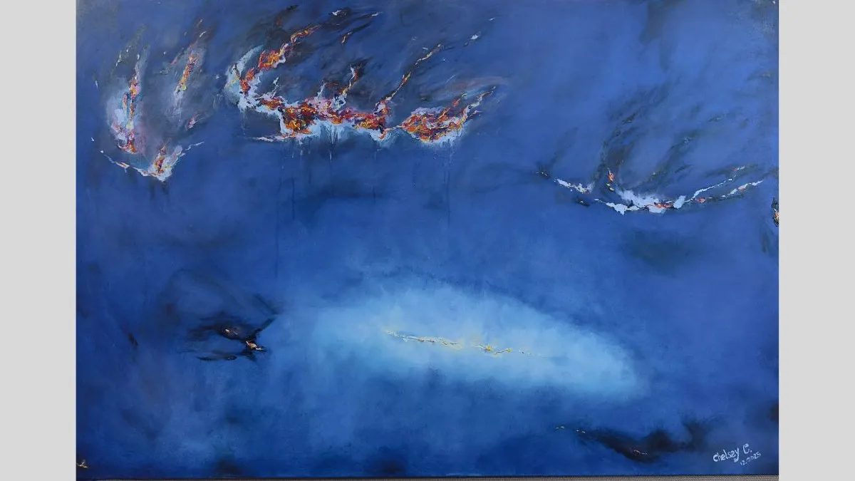 Abstract painting in deep and mid blues with soft gradients, featuring drifting cloud-like forms and thin, jagged streaks of bright colour that suggest light, motion, and a nocturnal or atmospheric landscape.