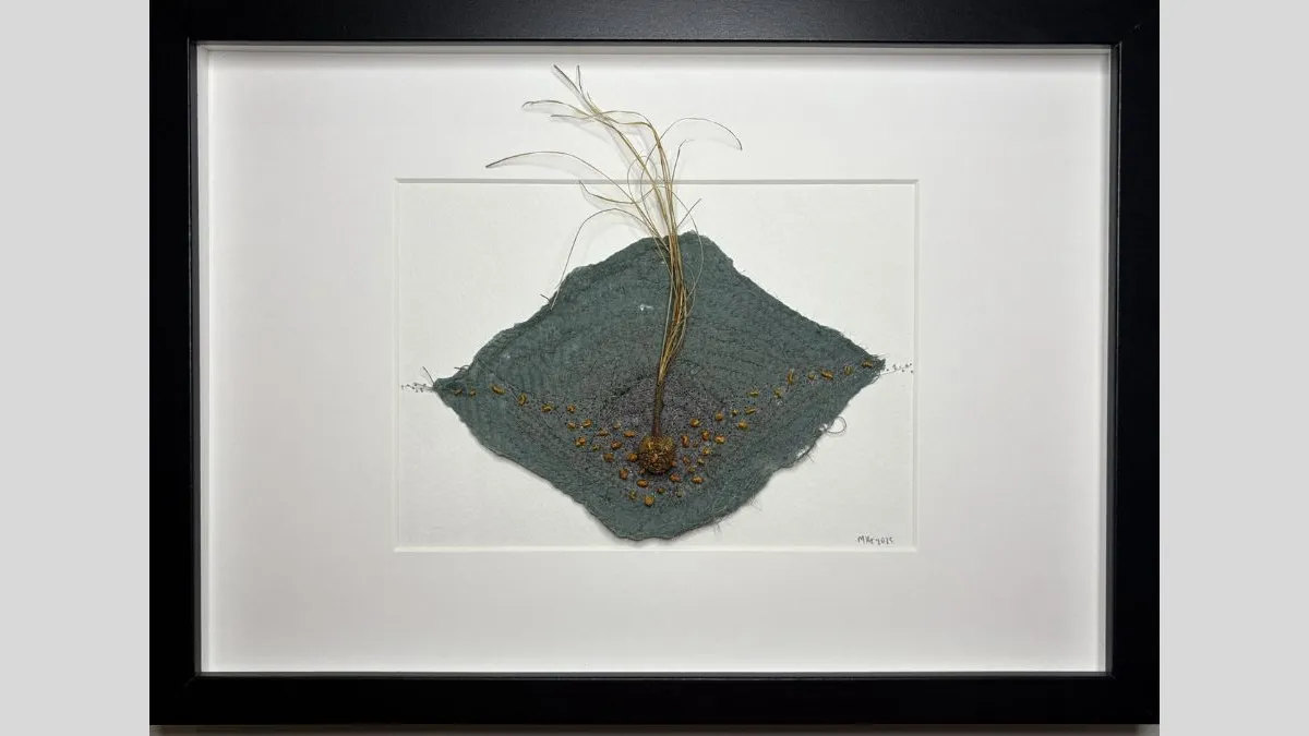 Framed mixed-media textile artwork featuring a diamond-shaped teal fabric form with stitched yellow-brown dots and a seed in the middle. Dried plant fibres extend upwards from the seed. The artwork is set against a white background in a black frame.