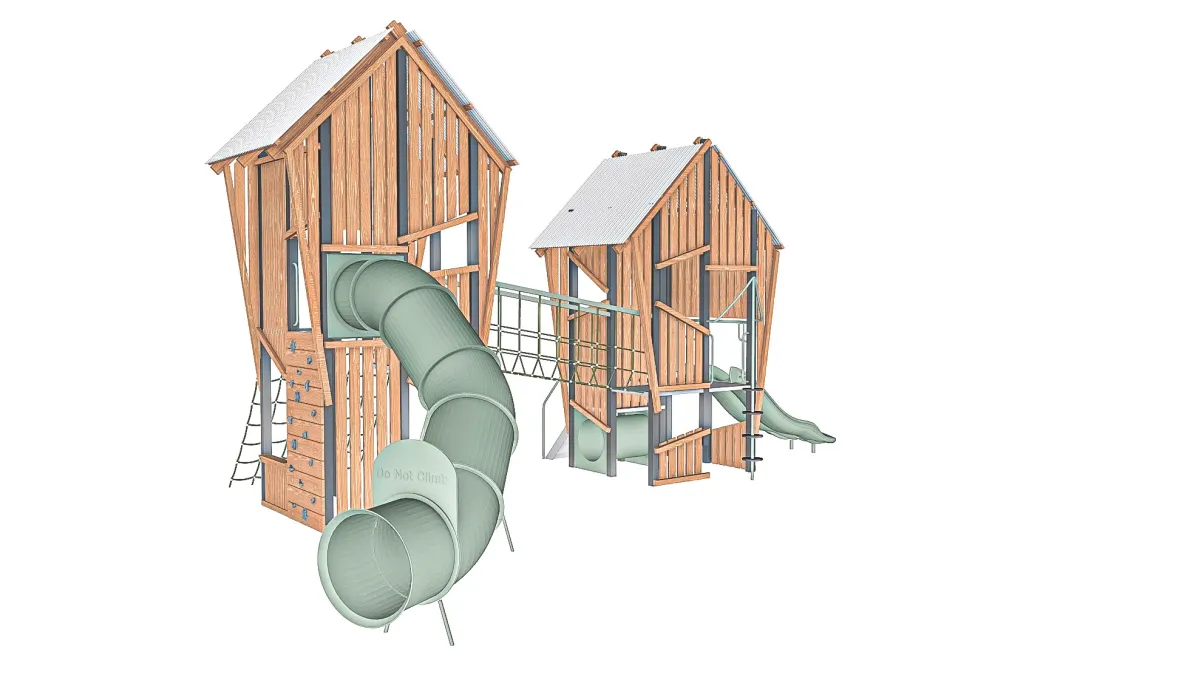 Two timber playground play units with enclosed slide and ladder
