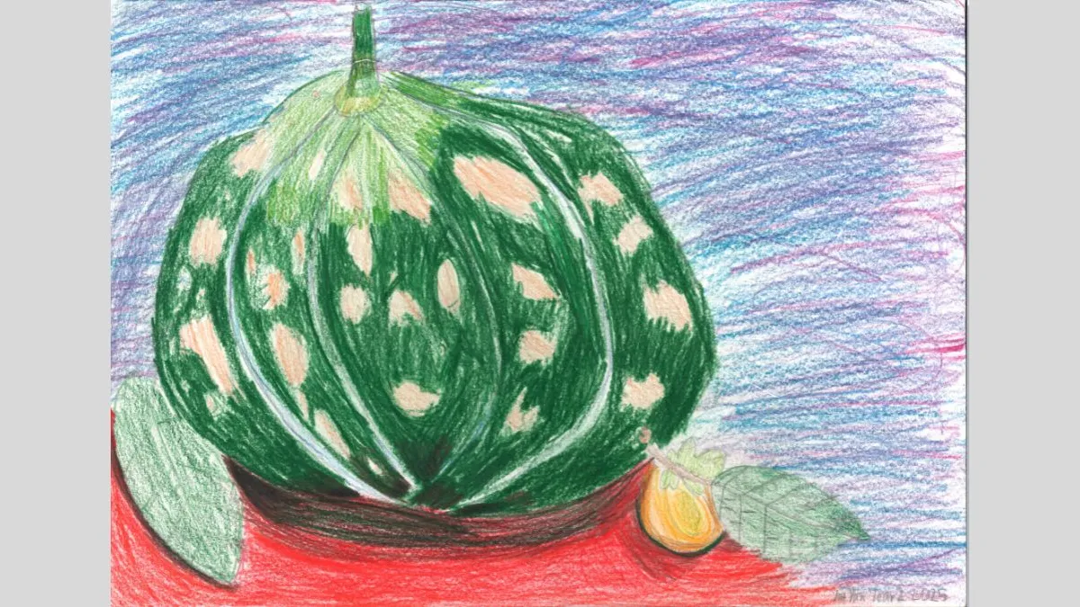 Drawing of a green pumpkin with orange spots on a blue, purple and red background. Leaves and pieces of orange fruit sit around the big pumpkin. The pumpkin is on a red table and a textured blue and purple background fills the upper half of the image.