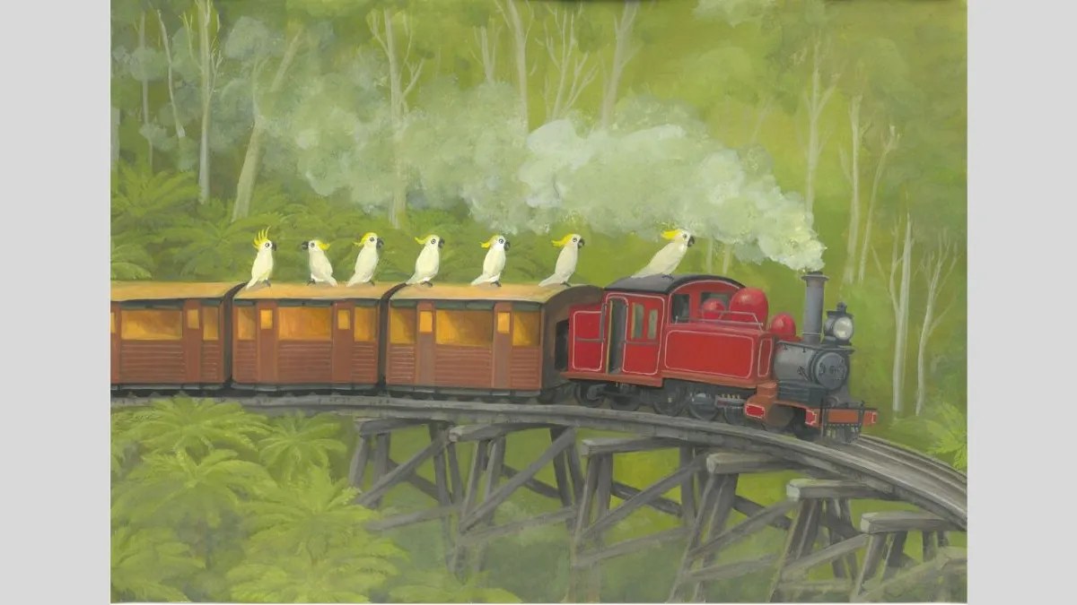 Painted illustration of a red steam train crossing a wooden trestle bridge in a green forest. Smoke rises from the engine. Seven white cockatoos stand in a row along the roofs of the brown carriages beneath the forest canopy.