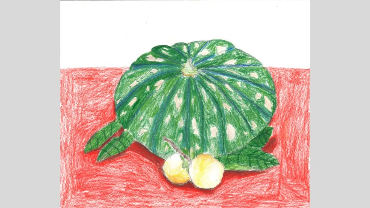 Drawing of a green pumpkin with brown spots on a white background. Leaves and pieces of orange fruit sit around the big pumpkin. The arrangement is on a red table.