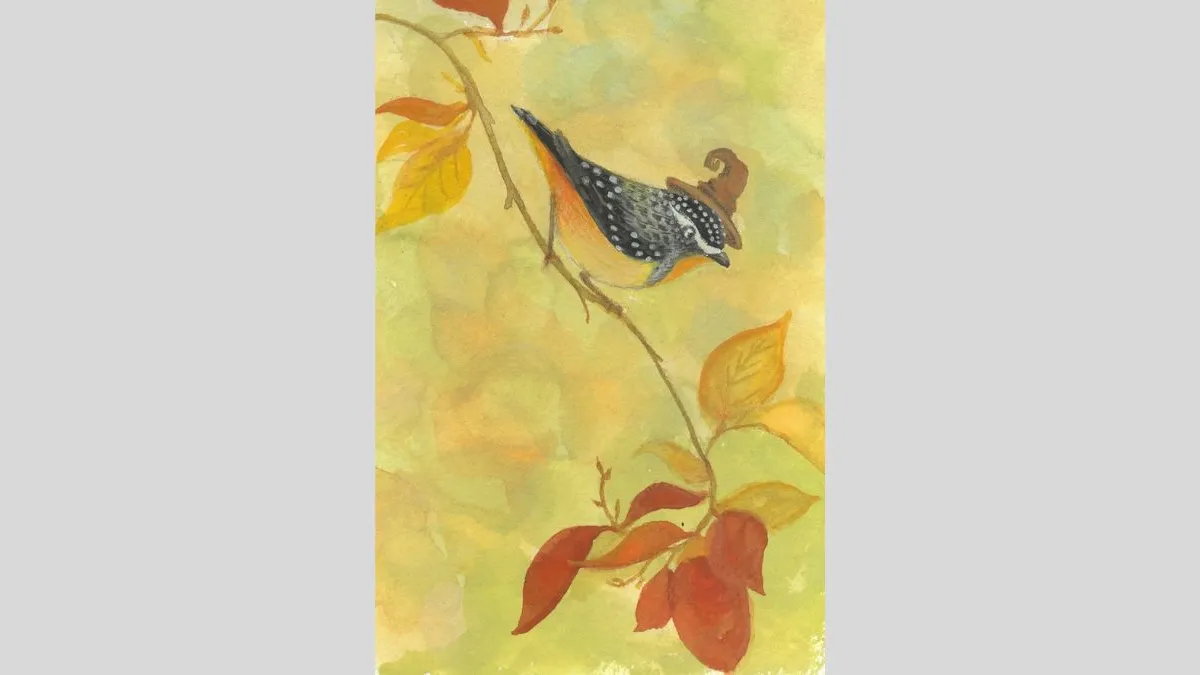 Painted illustration of a small speckled bird perched on a thin branch, surrounded by warm autumn colours. Leaves in shades of red, orange and yellow fill the background, with soft washes of colour creating a soft blurred backdrop.