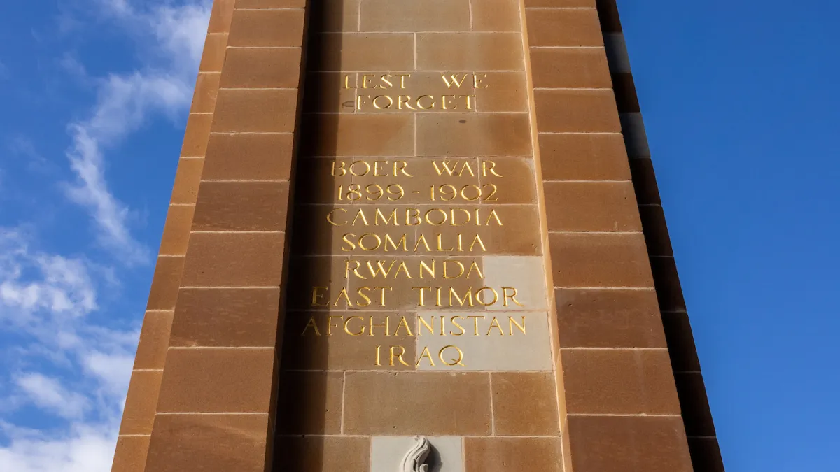 Detail of the restored eternal flame and laurel wreath, including newly added theatres of war.