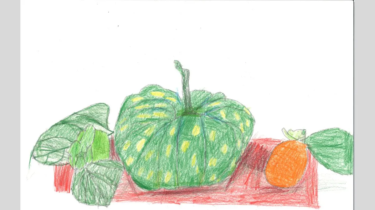Drawing of a green pumpkin with yellow spots on a white background. Leaves and pieces of orange fruit sit around the big pumpkin. The arrangement is on a red table.