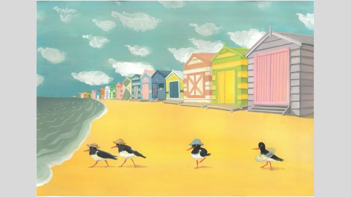 Digital illustration of a row of brightly coloured beach huts lines a sandy shoreline under a turquoise sky with white clouds. Four black-and-white shorebirds walk along the sand in the foreground, each wearing a different hat or accessory. Waves lap the edge of the beach on the left. 