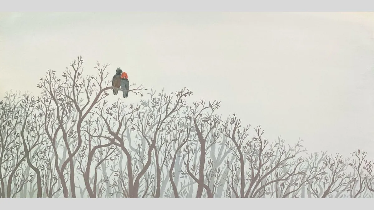 Digital illustration of two small birds sitting side by side on the upper branches of a tall, leafless tree. Below them stretches a dense cluster of similar bare branches. The sky is pale and misty, filling most of the scene.