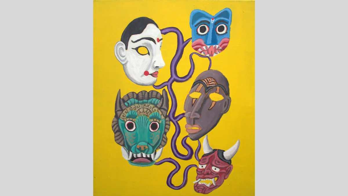 A variety of masks on a yellow background.