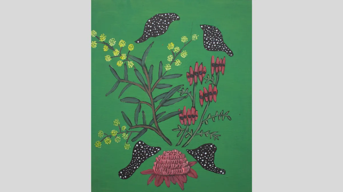 Abstract painting of yellow wattle and portions of the night sky on a green background