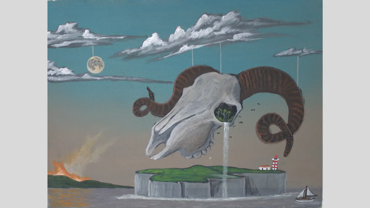 Surrealist painting of a ram's skull floating in the sky above a small island. A bushfire is roaring on the mainland seen in the distance.