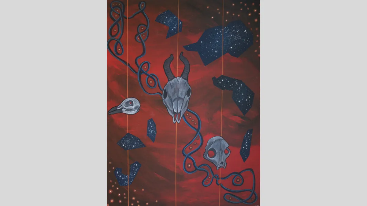 Surrealist painting of animal skulls and portions of the night sky against a red ominous background