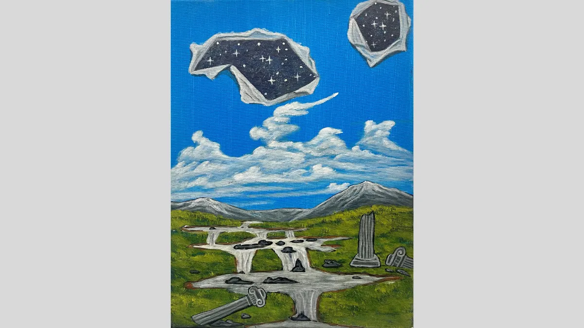 Surrealist painting of a landscape with rivers flowing and portions of the night sky being ripped open like paper against a blue sky.