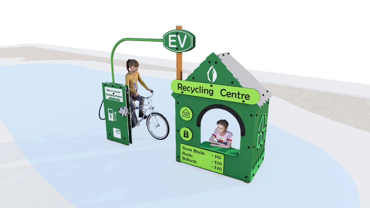 A render of a childrens recycling centre play area including a electric vehicle charging station attached to a kids kiosk.