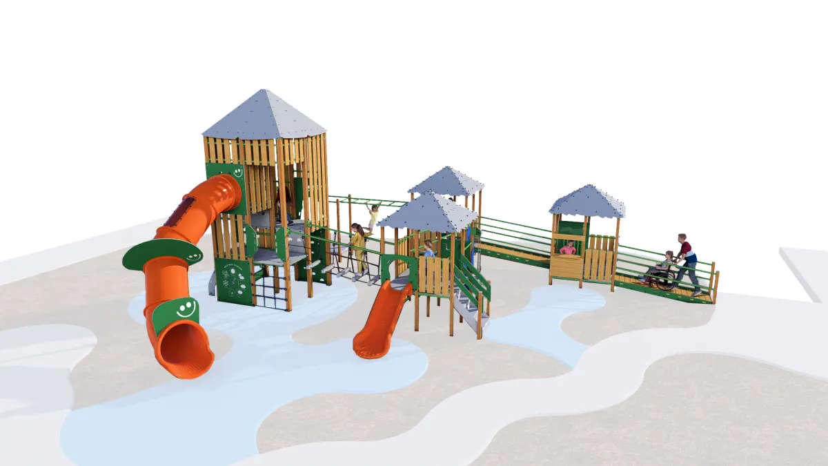 A 3d render of a playground featuring slides, walkways and undercover areas