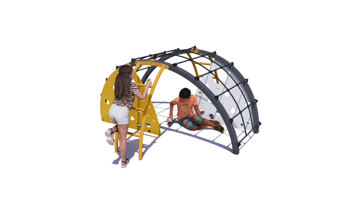 An arched shaped climbing frame with rope over the top, ladders on both sides and climbing walls.