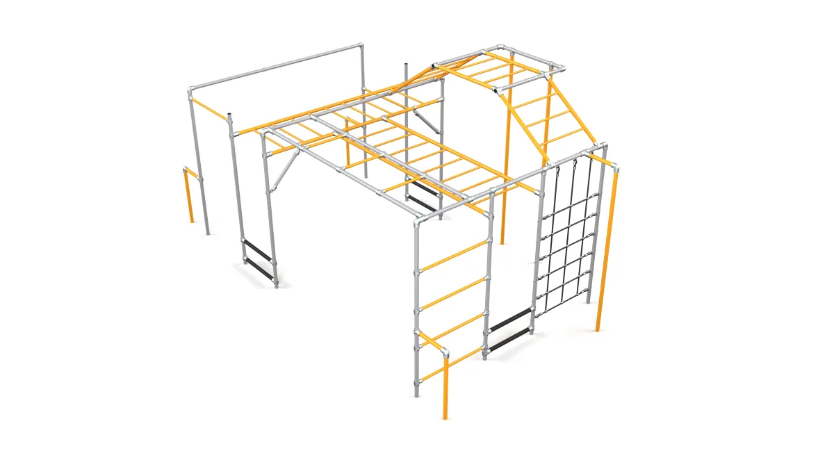 A bright yellow climbing frame with different heights and angles of monkey bars. There are different hieghts of single bars to hang of and ladders to climb. 