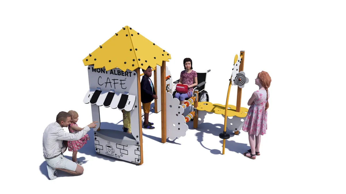A small, yellow roofed structure with 'Mont Albert Cafe' written on one side. Cloud shaped dividers and benches come off the main structure with sliding beads and moving parts.