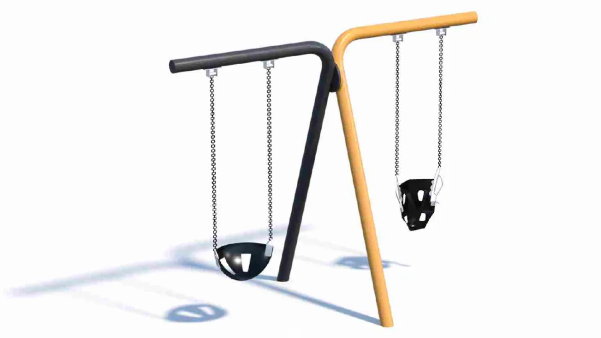 A T shaped frame with two scoop shaped swings hanging from it to support smaller children.