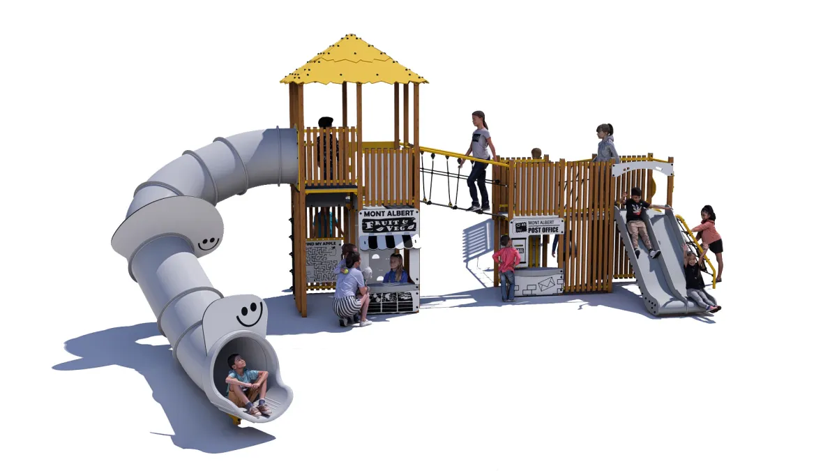 A playground with short double slide on the right side, and a higher, longer slide on the left. there are pretend shops at ground level.